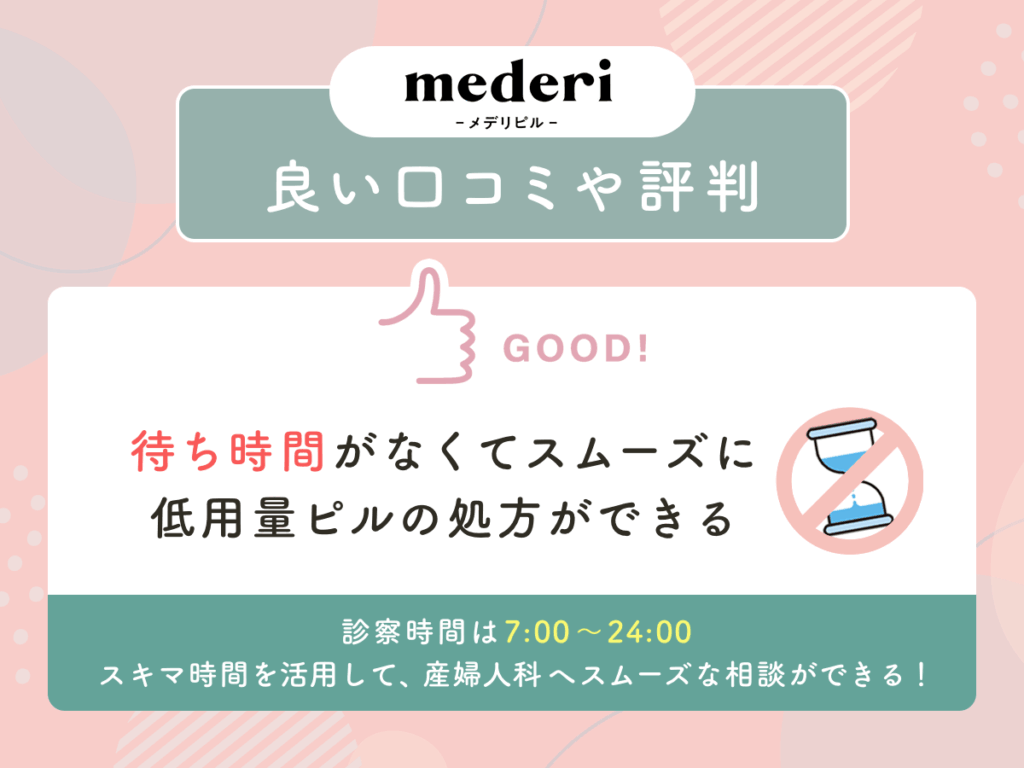 メデリピルの良い口コミや評判③：待ち時間がなくてスムーズに低用量ピルの処方ができる