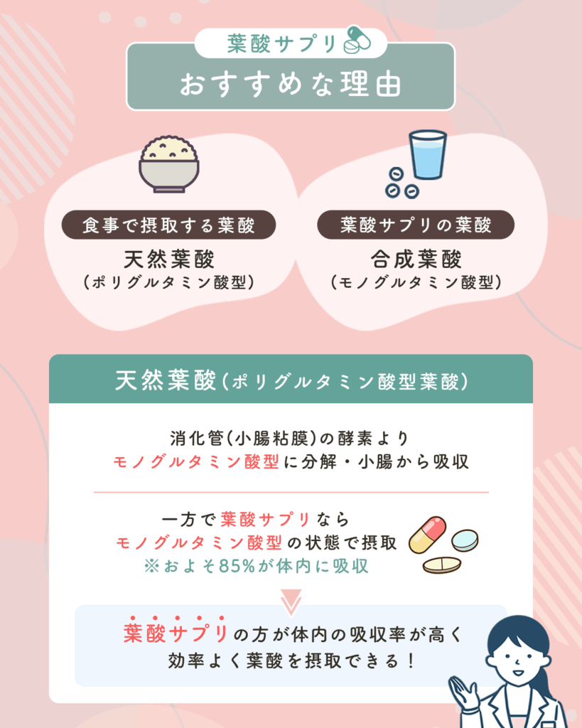 食事で摂取できない合成葉酸（モノグルタミン酸型）をスムーズに摂取できる