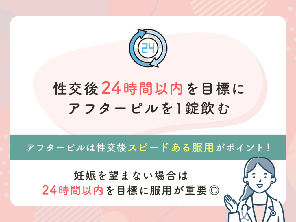 性交後24時間以内を目標にアフターピルを1錠飲む
