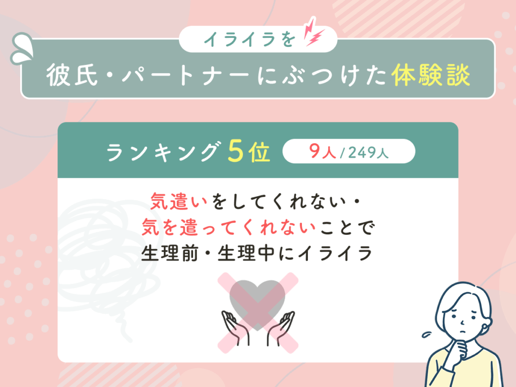 【ランキング5位9人】気遣いをしてくれない・気を遣ってくれないことで生理前・生理中にイライラ